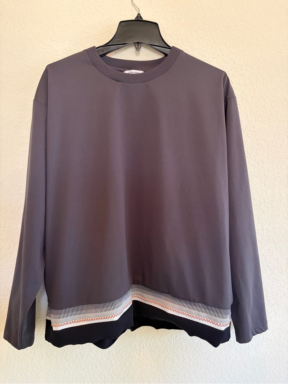 Men's Japanese brand Global Work Charcoal Gray Crewneck Sweater with Accent Hem